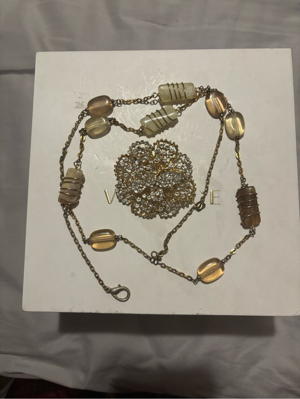 Gold-Tone Amber Bead Long Necklace with Crystal Floral Brooch